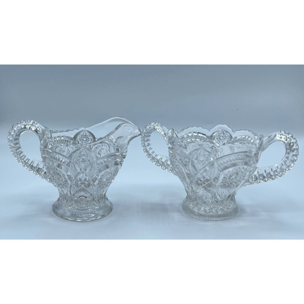 Glass Creamer and Open Sugar Bowl Clear Cut Glass Set